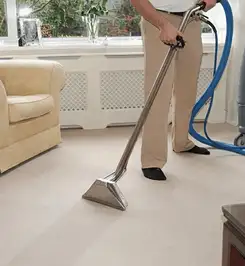 Professional carpet cleaner using a hot-water extraction wand and hose machine in a living room in Grand Rapids, MI.