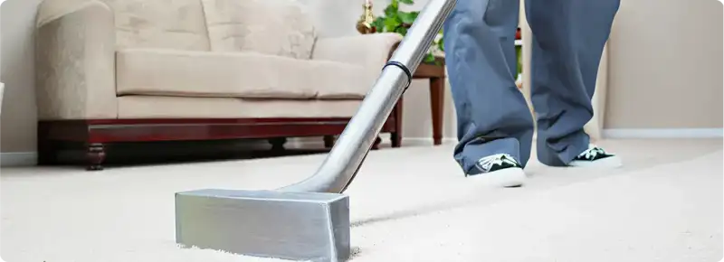 Carpet cleaning technician using a hot-water extraction wand on a light-colored carpet in a living room, Grand Rapids, MI.