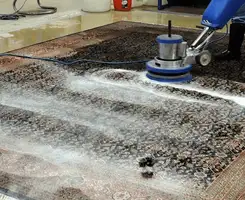Professional rug cleaning with a rotary floor machine and shampoo foam, deep-cleaning an area rug, in Grand Rapids, MI.